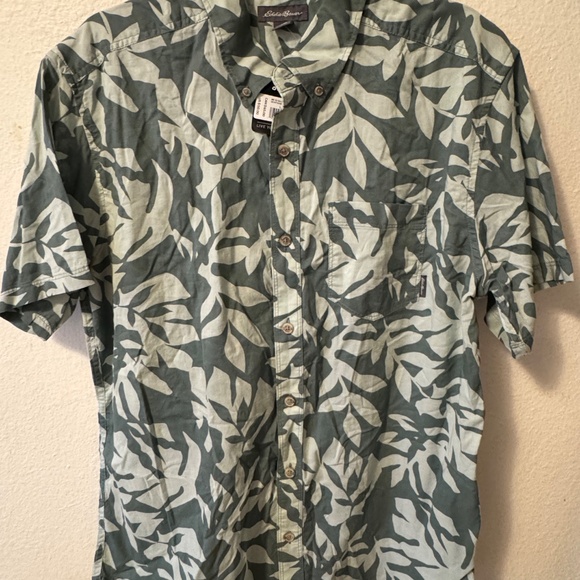 Men polo shirt green leaves design brand Eddie Bauer size large button down - Picture 4 of 5
